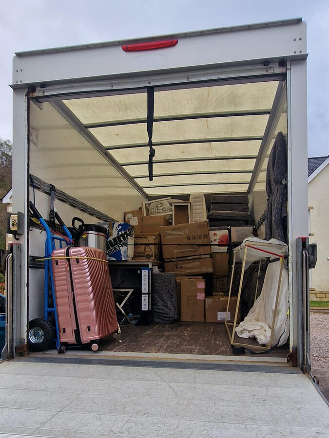 Back of G & D Electrical Services Ltd removal van, demonstrating their commitment to high-quality removal services in Insch AB52 6HG, ensuring safe delivery and transport across Aberdeenshire.