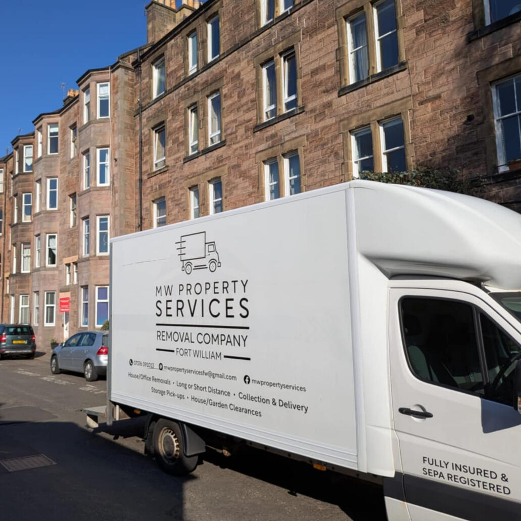 G & D Electrical Services Ltd removal van in action, demonstrating their removal services in Insch AB52 6HG, offering efficient and reliable furniture and household item removals across Aberdeenshire.